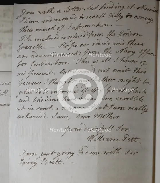 Letter from William Pitt,  between 1766 and 1770. Creator: William Pitt the Younger.