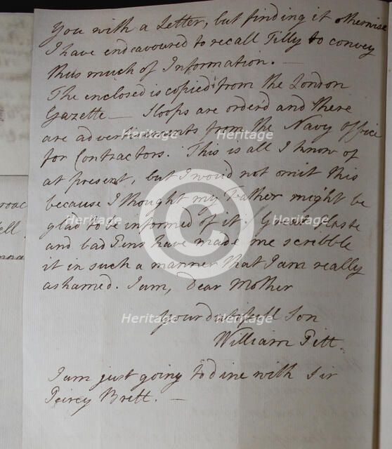 Letter from William Pitt,  between 1766 and 1770. Creator: William Pitt the Younger.