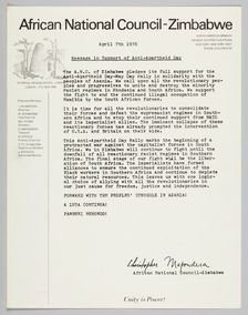 Letter from the African National Council-Zimbabwe, April 7,1976. Creator: Unknown