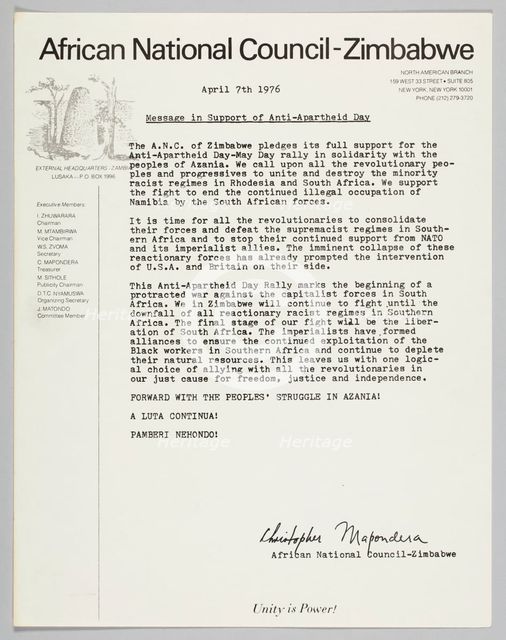 Letter from the African National Council-Zimbabwe, April 7,1976. Creator: Unknown.