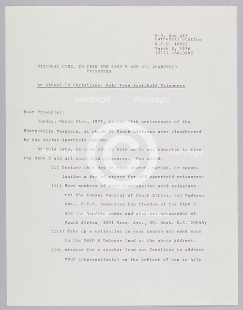 Letter from the Committee to Free the SASO 9, March 8, 1976. Creator: Unknown.
