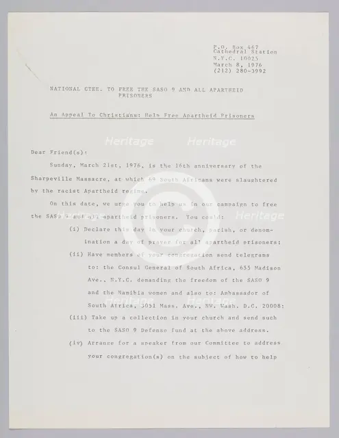 Letter from the Committee to Free the SASO 9, March 8, 1976. Creator: John Akpan.