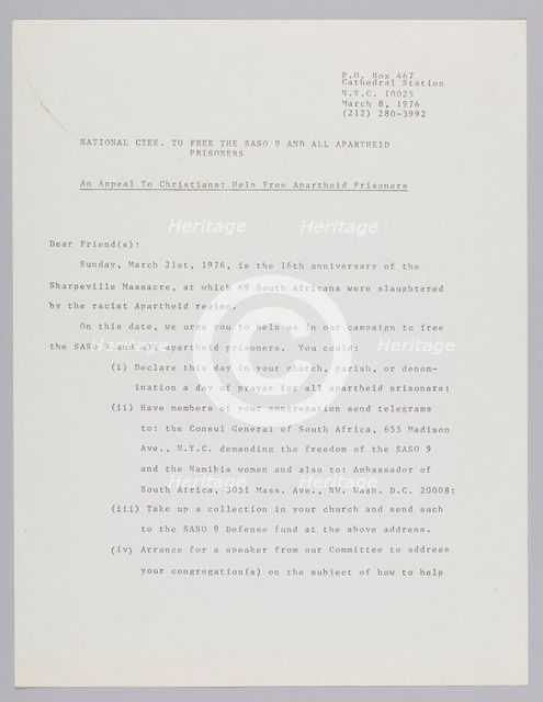 Letter from the Committee to Free the SASO 9, March 8, 1976. Creator: John Akpan.