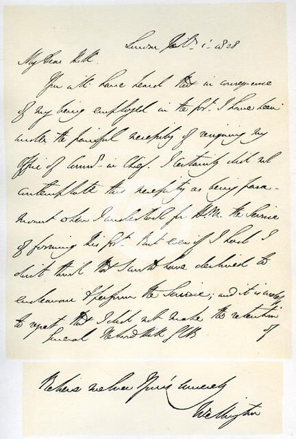 Letter from the Duke of Wellington to General Rowland Hill, 1st February 1828.Artist: Duke of Wellington
