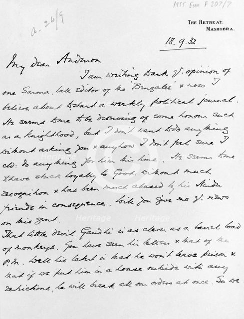 Letter from the Viceroy of India to the Governor of Bengal, 1932. Creator: Lord Willingdon.