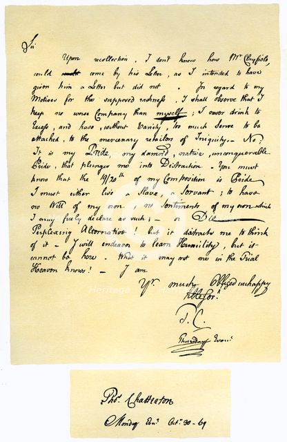 Letter from Thomas Chatterton to William Barrett, 1769.Artist: Thomas Chatterton