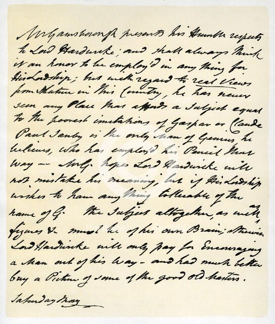 Letter from Thomas Gainsborough to Lord Hardwicke, c1760-1770.Artist: Thomas Gainsborough