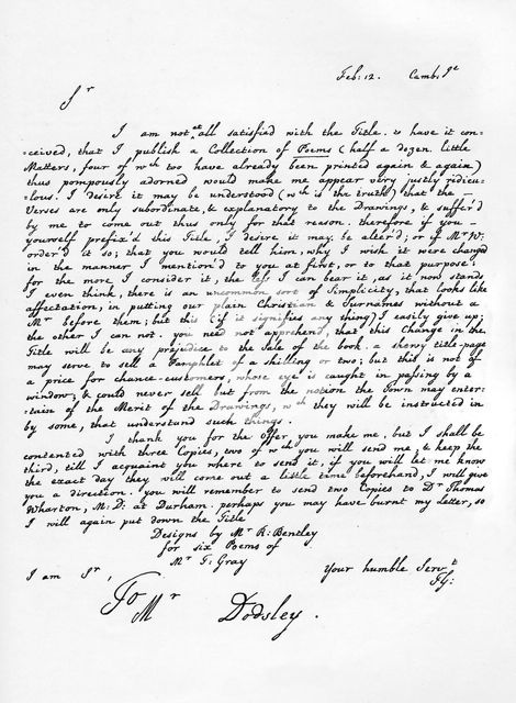 Letter from Thomas Gray concerning the edition of his poetical pieces, c1753, (1840). Artist: Thomas Gray