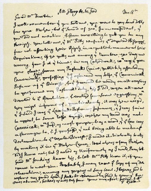 Letter from Thomas Ken, Bishop of Bath and Wells to George Harbin, c1709.Artist: Thomas Ken