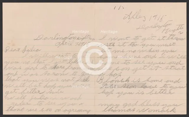 Letter from Thomas Womack to Julia Womack with envelope, April 7, 1915. Creator: Thomas Womack.