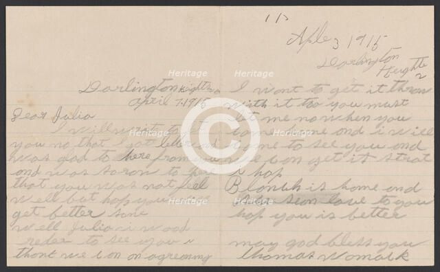 Letter from Thomas Womack to Julia Womack with envelope, April 7, 1915. Creator: Thomas Womack.