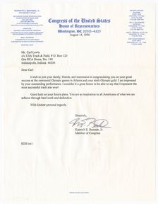 Letter from US Representative Kenneth E. Bentsen, Jr. to Carl Lewis, August 14, 1996. Creator: Unknown