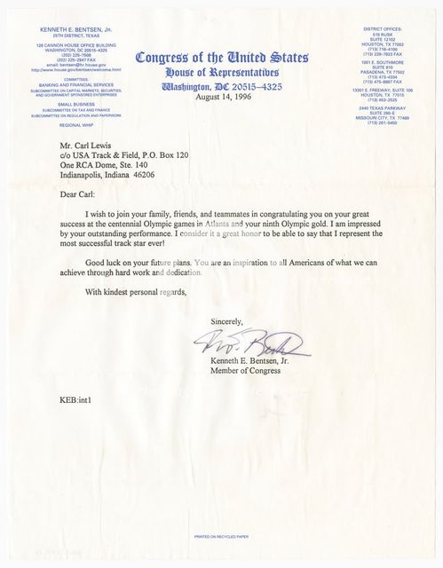 Letter from US Representative Kenneth E. Bentsen, Jr. to Carl Lewis, August 14, 1996. Creator: Unknown.