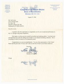 Letter from US Representative Tom DeLay to Carl Lewis, August 27, 1996. Creator: Unknown
