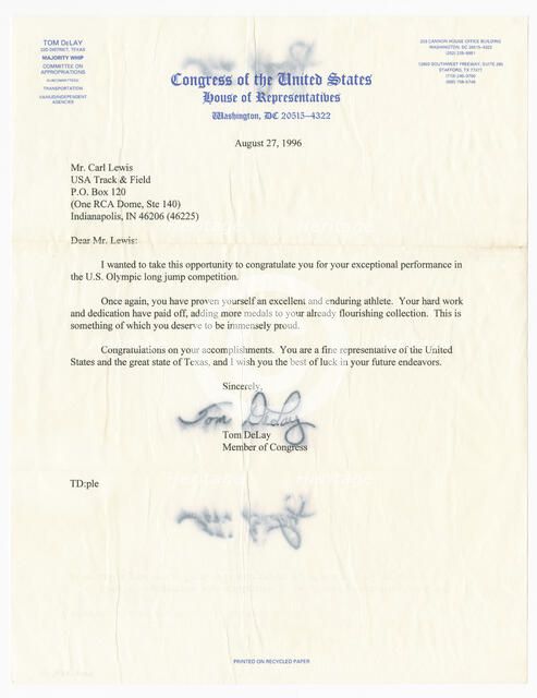 Letter from US Representative Tom DeLay to Carl Lewis, August 27, 1996. Creator: Unknown.