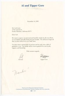 Letter from Vice President Al Gore and his wife Tipper Gore to Carl Lewis, December 16, 2000. Creators: Unknown, Al Gore