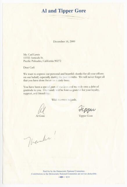 Letter from Vice President Al Gore and his wife Tipper Gore to Carl Lewis, December 16, 2000. Creators: Unknown, Al Gore.