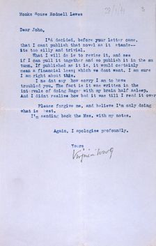 Letter from Virginia Woolf to John Lehmann, her publisher, re her last book, Between the Acts, 1941. Creator: Virginia Woolf