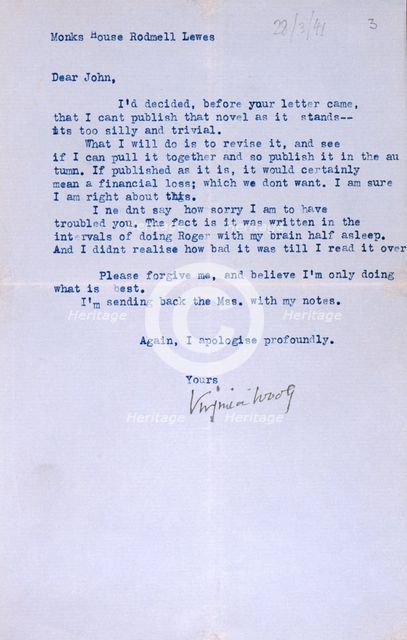 Letter from Virginia Woolf to John Lehmann, her publisher, re her last book, Between the Acts, 1941. Creator: Virginia Woolf.