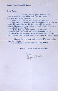 Letter from Virginia Woolf to John Lehmann, her publisher, re her last book, Between the Acts, 1941. Creator: Virginia Woolf