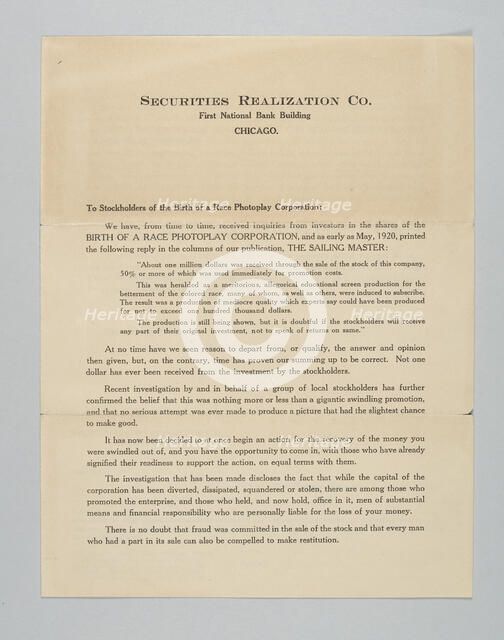 Letter regarding the Birth of a Race Photoplay Corporation, 1922. Creator: Unknown.