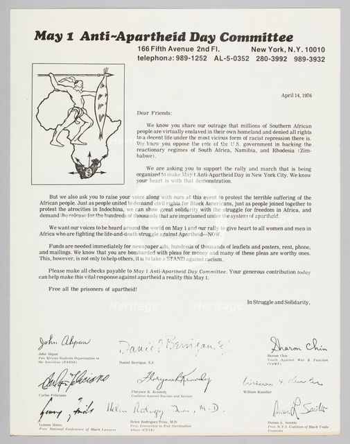 Letter requesting support for the Anti-Apartheid Day rally, April 14, 1976. Creator: Unknown.