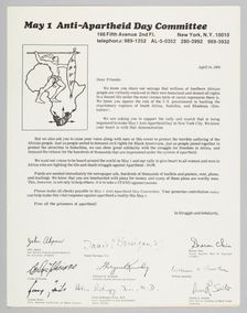 Letter requesting support for the Anti-Apartheid Day rally, April 14, 1976. Creator: Unknown