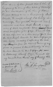 Letter stating that $500 was paid for the purchase of Joseph Boswell, signed by Langhorne, 1813. Creator: Unknown