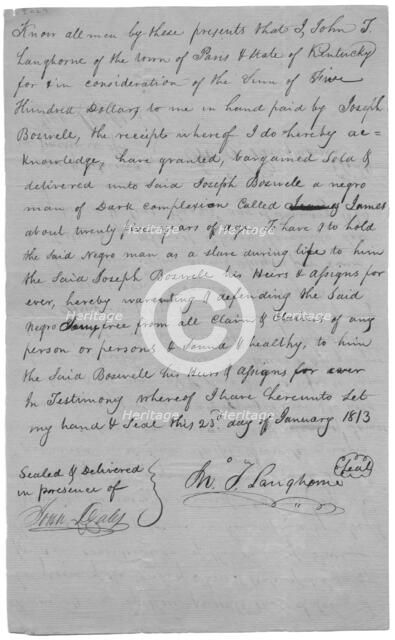 Letter stating that $500 was paid for the purchase of Joseph Boswell, signed by Langhorne, 1813. Creator: Unknown.