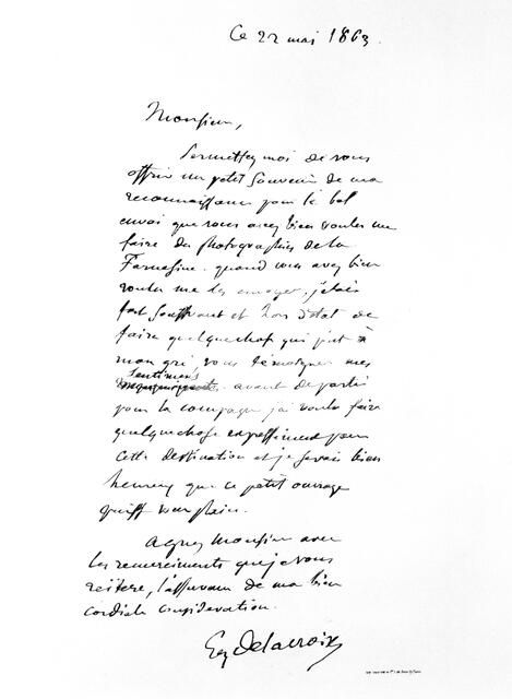 Letter signed by Eugene Delacroix, French Romantic artist, 1863. Artist: Eugène Delacroix