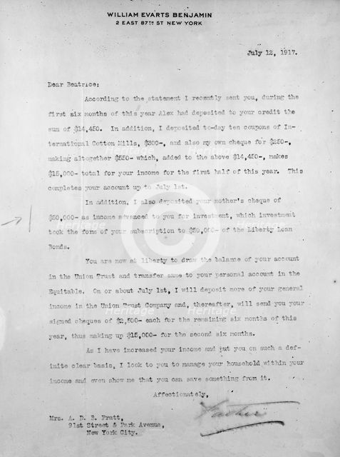 Letter To Mrs. A.D.B. Pratt from William Evarts Benjamin, 12 July 1917. Creator: Unknown.