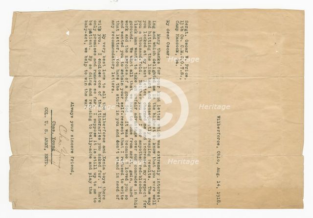 Letter to Oscar W. Price from Colonel Charles Young, August 14, 1918. Creator: Unknown.