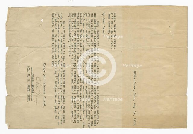 Letter to Oscar W. Price from Colonel Charles Young, August 14, 1918. Creator: Unknown.