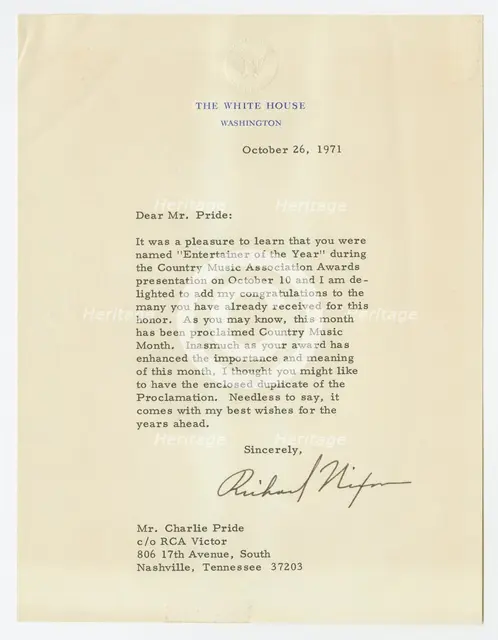 Letter to Charley Pride from Richard Nixon, October 26, 1971. Creator: Richard Nixon.