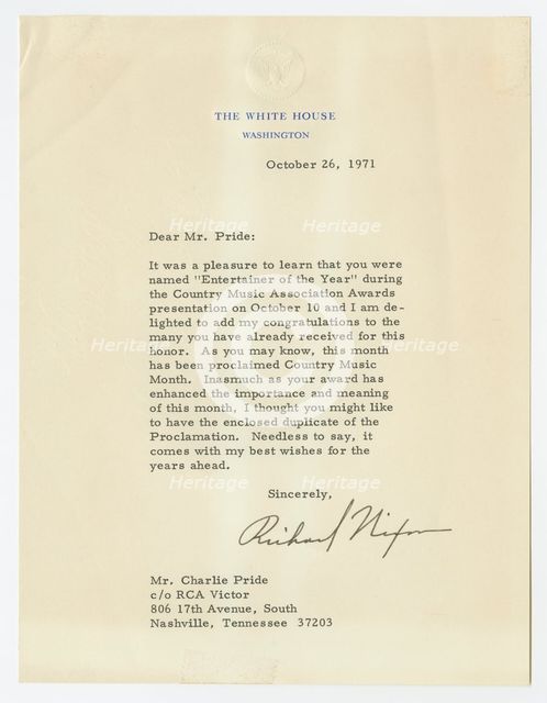 Letter to Charley Pride from Richard Nixon, October 26, 1971. Creator: Richard Nixon.