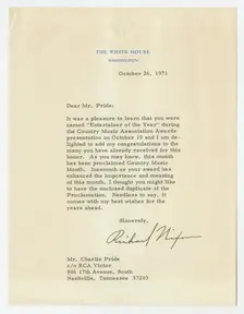 Letter to Charley Pride from Richard Nixon, October 26, 1971. Creator: Richard Nixon