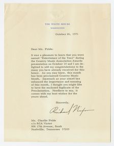 Letter to Charley Pride from Richard Nixon, October 26, 1971. Creator: Richard Nixon