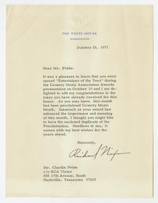 Letter to Charley Pride from Richard Nixon, October 26, 1971. Creator: Richard Nixon