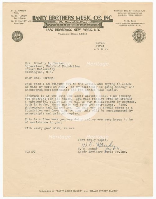 Letter to Dorothy Porter from W.C. Handy, March 1, 1939. Creator: WC Handy.