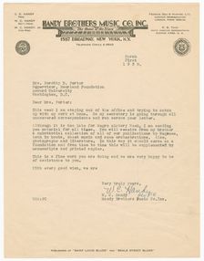 Letter to Dorothy Porter from W.C. Handy, March 1, 1939. Creator: WC Handy