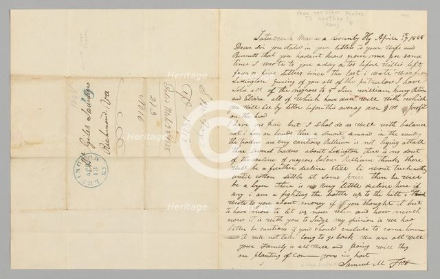 Letter to Giles Saunders from Samuel M. Fox concerning the slave trade, April 17, 1848. Creator: Samuel M. Fox.