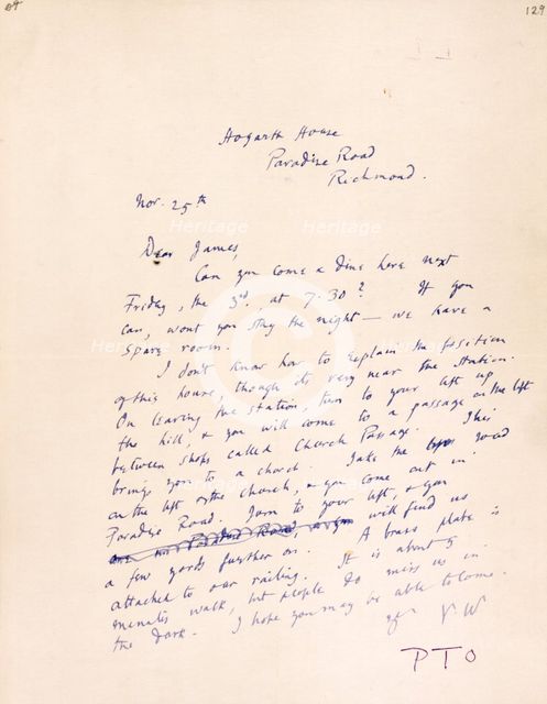 Letter to James Beaumont Strachey from Virginia Woolf, inviting him to dine with her, c1915-c1924. Creator: Virginia Woolf.