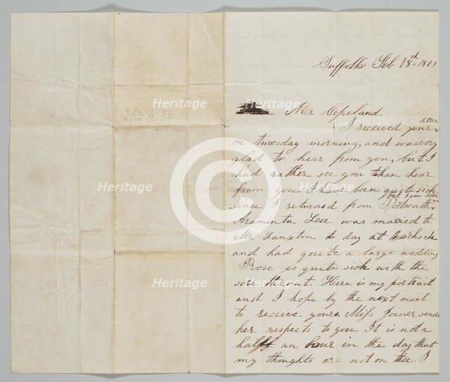Letter to John Copeland from his wife Ann, February 18, 1861. Creator: Ann Hurst Copeland.