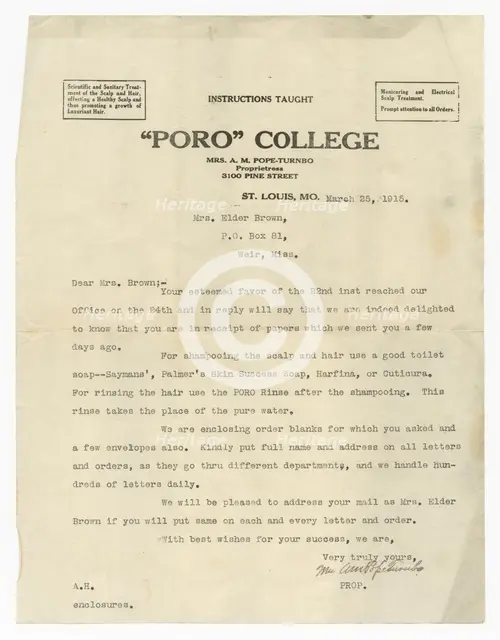Letter to Lucille Brown from Annie Malone Pope-Turnbo, March 25, 1915. Creator: Unknown.