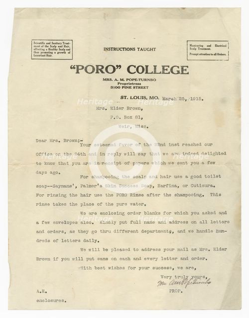 Letter to Lucille Brown from Annie Malone Pope-Turnbo, March 25, 1915. Creator: Unknown.