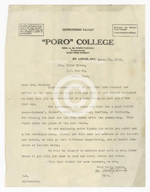 Letter to Lucille Brown from Annie Malone Pope-Turnbo, March 25, 1915. Creator: Unknown.