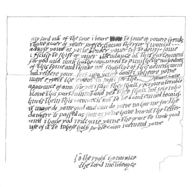 Letter to Lord Monteagle which led to the discovery of The Gunpowder Plot, 1605 (1865).Artist: Frederick George Netherclift