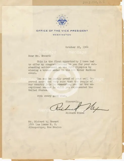 Letter to Richard Howard from Vice Pres. Richard Nixon, October 22, 1960, October 22, 1960. Creator: Richard Nixon.