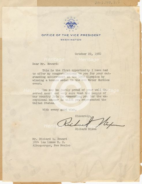 Letter to Richard Howard from Vice Pres. Richard Nixon, October 22, 1960, October 22, 1960. Creator: Richard Nixon.