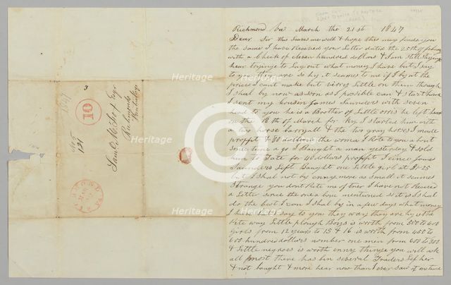 Letter to Samuel Fox from Giles Saunders regarding the slave trade, March 21, 1847. Creator: Giles Saunders.